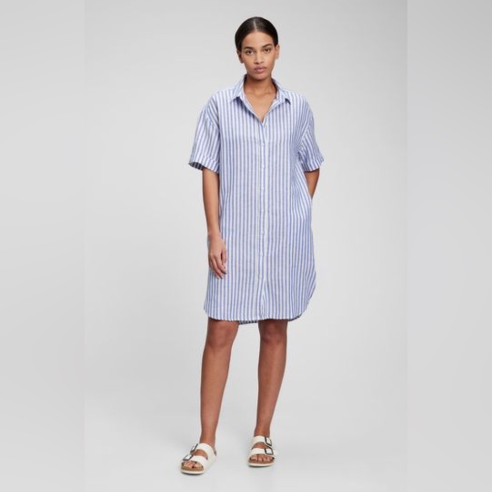 Gap Linen-Cotton Shirtdress - Blue & White Stripe - M